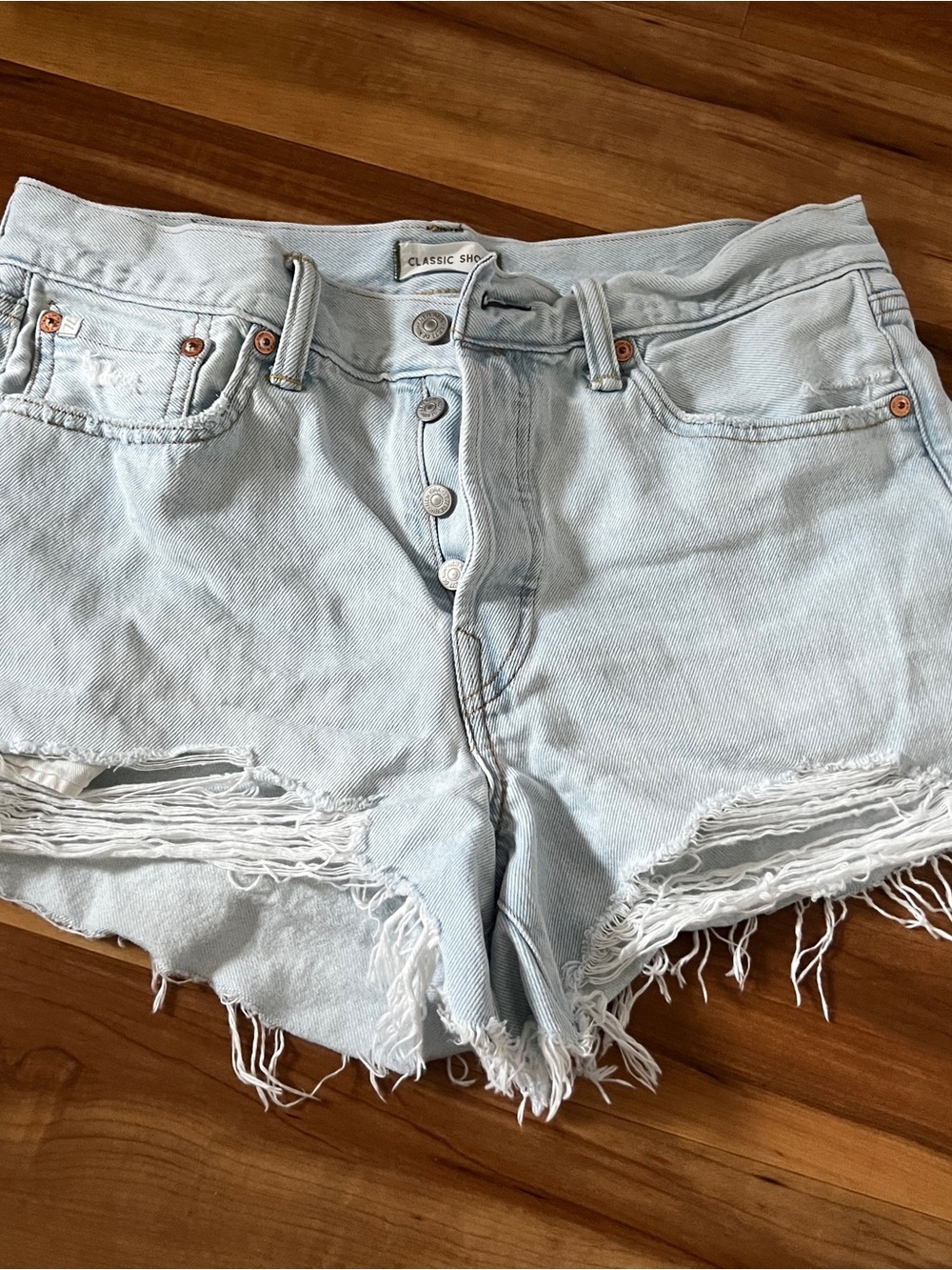 American Eagle Outfitters AE77 Light Blue Distressed High-Rise Denim Shorts